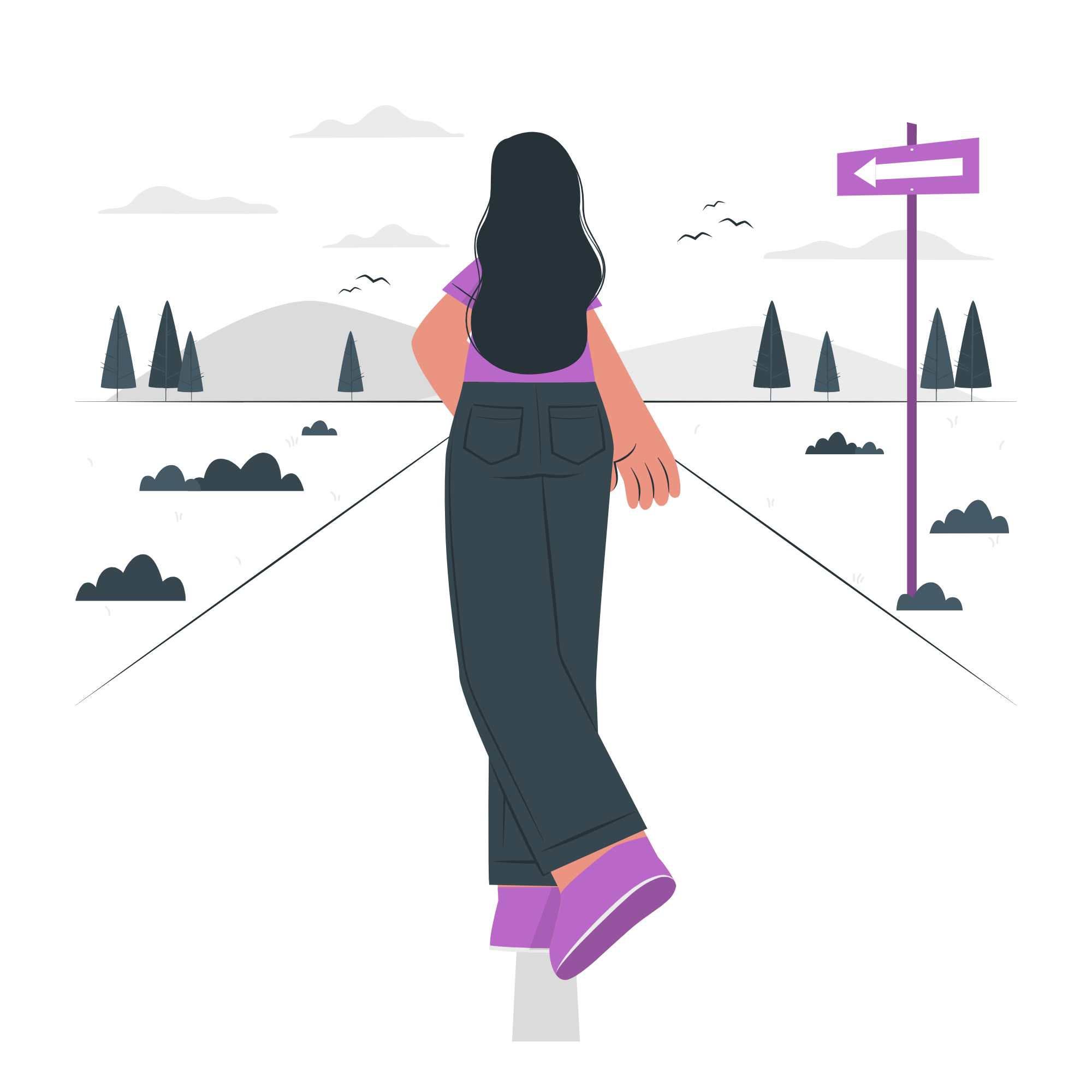 Ilustración de chica caminando hacia el horizonte.